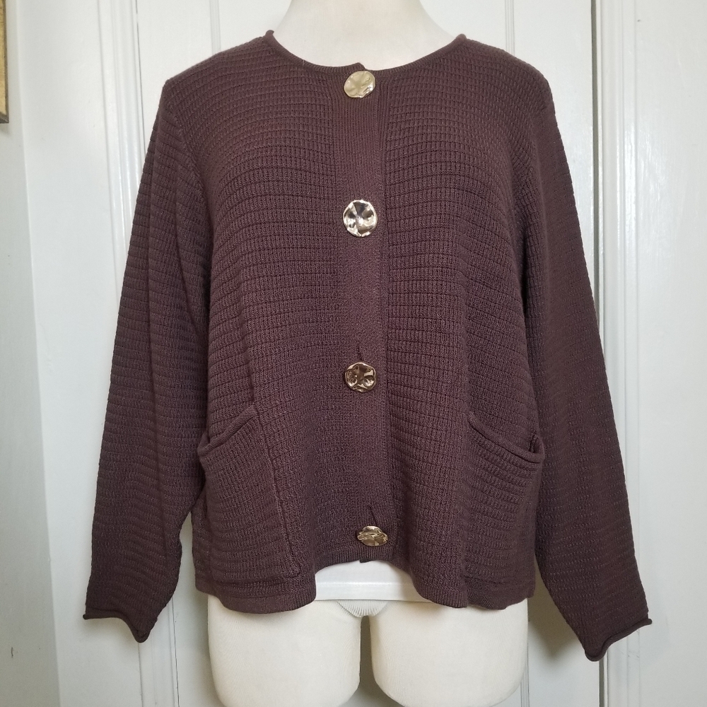 MONTGOMERY POST 2X brown Waffle knit Gold Chunky Button Button down Cardigan NWT